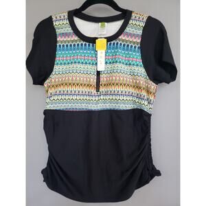 NWT $99 NEXT ATHENA GEO PRINT BLACK ZIP SWIM SHIRT TOP RASH GUARD 36B / C